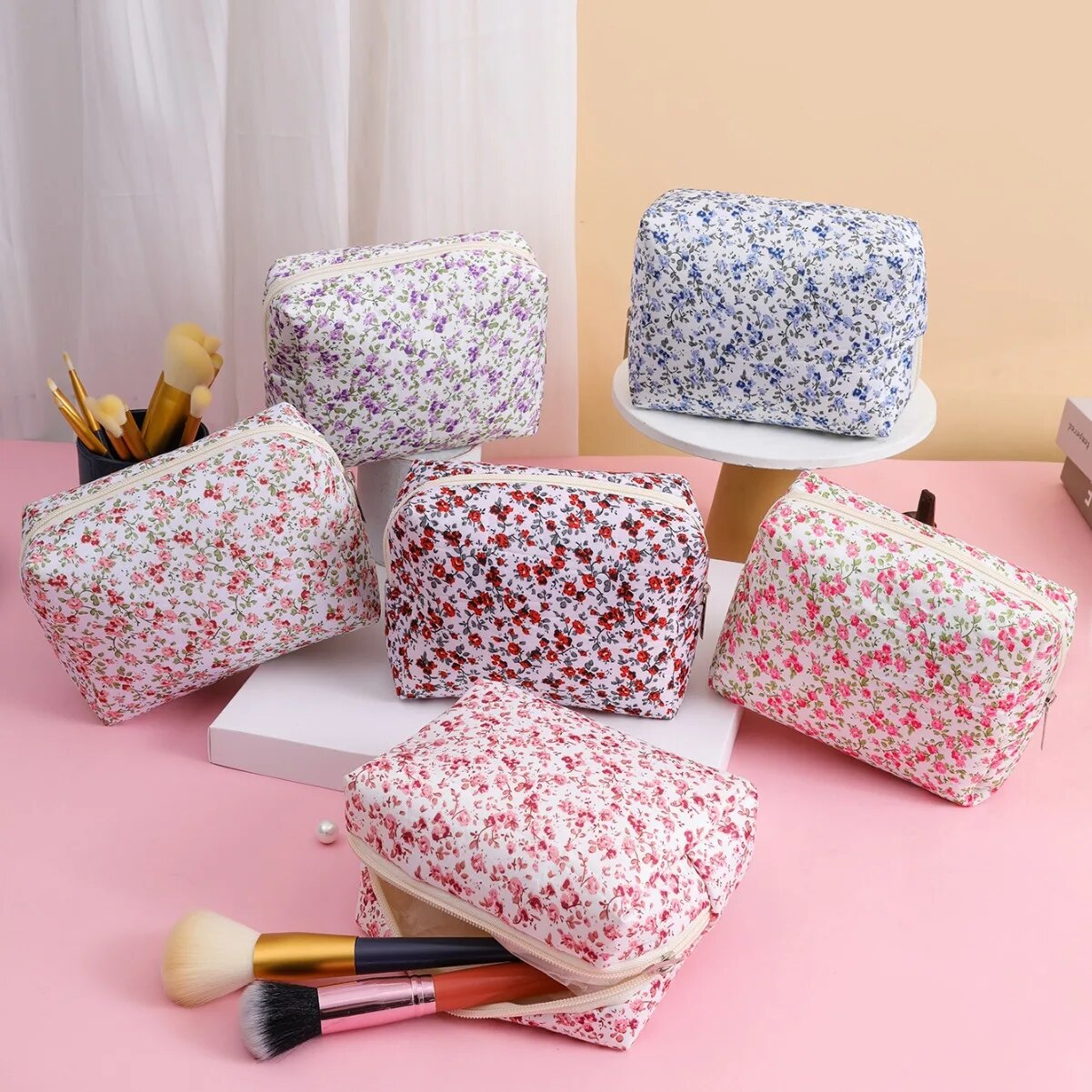 Travel Accessories Needed - Storage Organizer Floral Puffy Quilted Makeups
